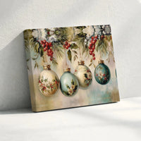 Victorian Holly Baubles Oil Painting, Christmas Ornaments Horizontal Canvas, Elegant Xmas Holiday Wall Decor, Winter Digital Download