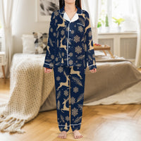 Snowflake Tree Holiday Pajamas, Christmas Reindeer Satin Pajama Set, Silky Winter Sleepwear, Button Up Festive Loungewear, Xmas Pajama Present