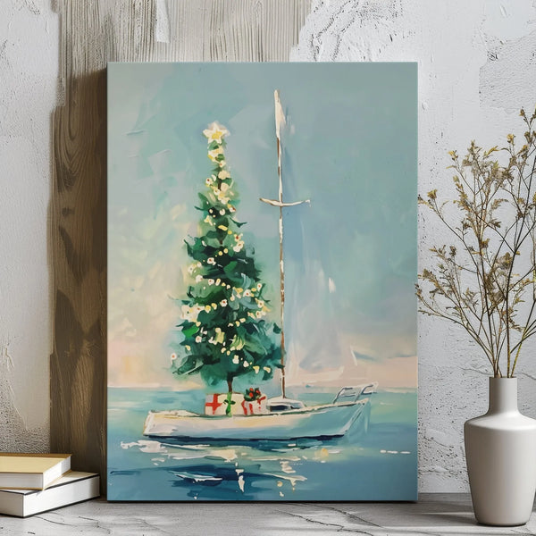 Nautical Holiday Canvas Print, Coastal Christmas Tree Sailboat Canvas Wall Art, Beach House Winter Decor, Coastal Christmas C