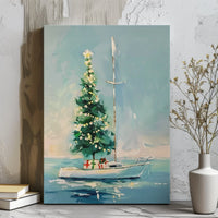 Nautical Holiday Canvas Print, Coastal Christmas Tree Sailboat Canvas Wall Art, Beach House Winter Decor, Coastal Christmas Canvas Painting