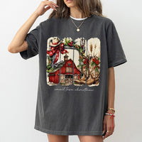 Rustic Western Barn Cowgirl Holiday Shirt, Small Town Christmas T-Shirt, Vintage Country Xmas Graphic Tee, Southern Winter T-Shirt