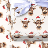 Santa Hat Animal Gift Wrap, Highland Cow Christmas Wrapping Paper, Rustic Cow Wrapping Paper Roll, Holiday Wrapping Paper, Xmas Gift Wrap