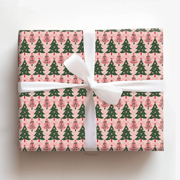 Modern Pastel Gift Wrap, Pink Christmas Tree Wrapping Paper, Green Tree Pattern Wrapping Paper, Adorable Xmas Gift Wrap, Holi