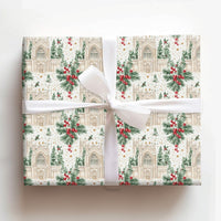 Gothic Church Holiday Wrapping Paper, Cathedral Christmas Wrapping Paper, Holly Berry Winter Wrapping Paper, Elegant Church Scene Gift Wrap