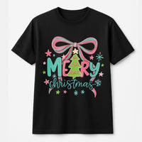 Coquette Tree Bow Graphic Tee, Bright Neon Christmas Tree T-Shirt, Trendy Merry Christmas Shirt, Festive Holiday Party Top