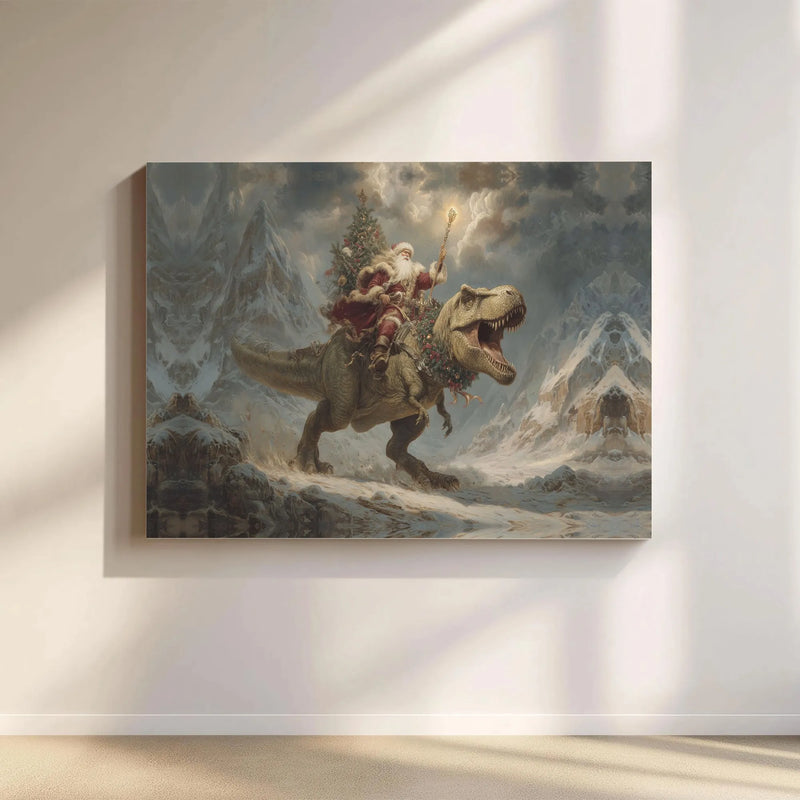 Dinosaur Christmas Canvas Wall Art, Santa Riding T-Rex Canvas Print, Humorous Holiday Canvas, Whimsical Xmas Decor, Novelty Dino Fan Present