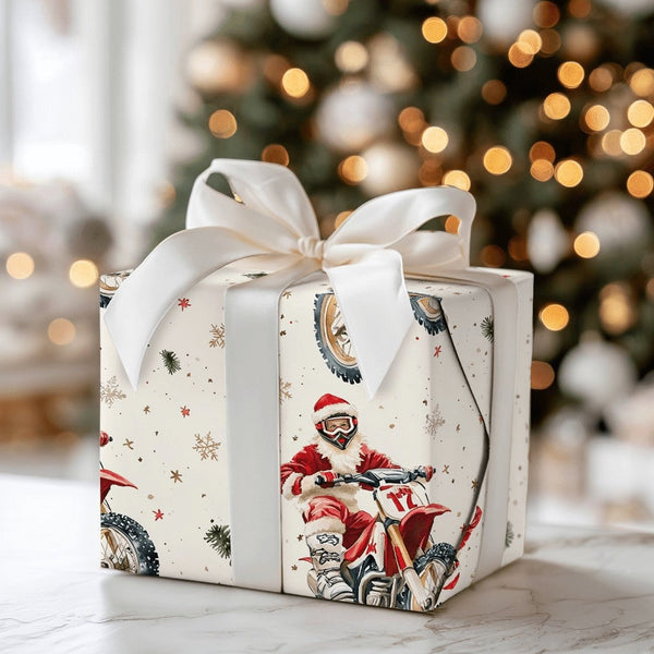 Dirt Bike Christmas Gift Wrap, Motocross Santa Wrapping Paper, Extreme Biker Holiday Wrapping Paper, Motorcycle Xmas Gift Wra