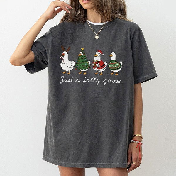 Adorable Christmas Duck Graphic Tee, Just A Jolly Goose T-Shirt, Humorous Silly Goose Holiday Shirt, Animal Lover Xmas Appare