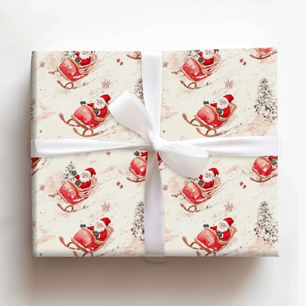 Sleigh Ride Christmas Gift Wrap, Watercolor Santa Wrapping Paper, Winter Holiday Present Wrapping Paper, Traditional Santa Sl