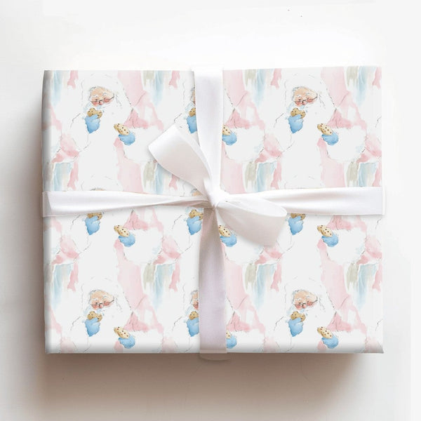 Adorable Cookie Eating Santa Gift Wrap, Watercolor Santa Claus Wrapping Paper, Pastel Christmas Paper, Whimsical Holiday Wrap