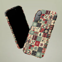 Holiday Plaid Snowflake iPhone Case, Christmas Patchwork Phone Case, Festive Holly Berry Phone Cover, Vintage Quilt Pattern Holiday Case