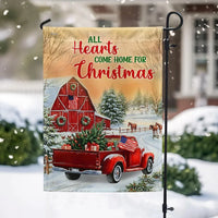 Red Truck Barn Holiday Flag, Farmhouse Christmas Garden Flag, All Hearts Come Home Winter Flag, Rustic Americana Yard Flag Decor