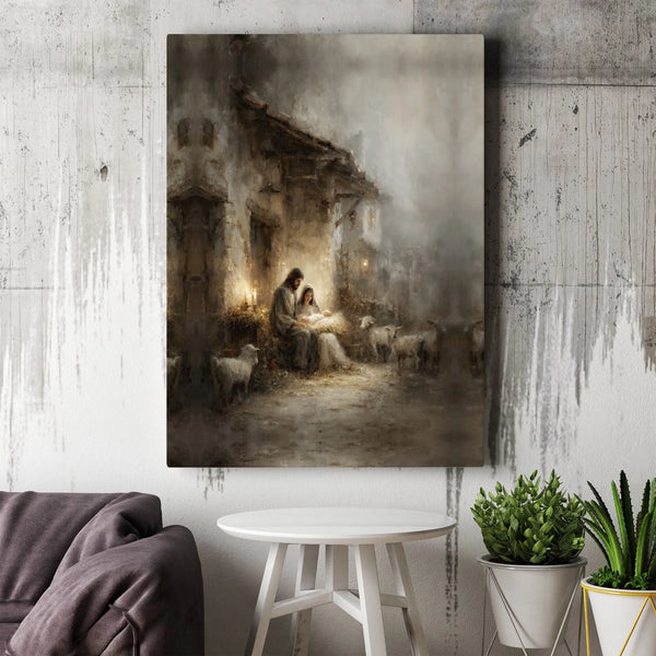 Rustic Holy Family Oil Painting Canvas Print, Nativity Scene Canvas Wall Art, Religious Christmas Wall Decor, Christian Holid