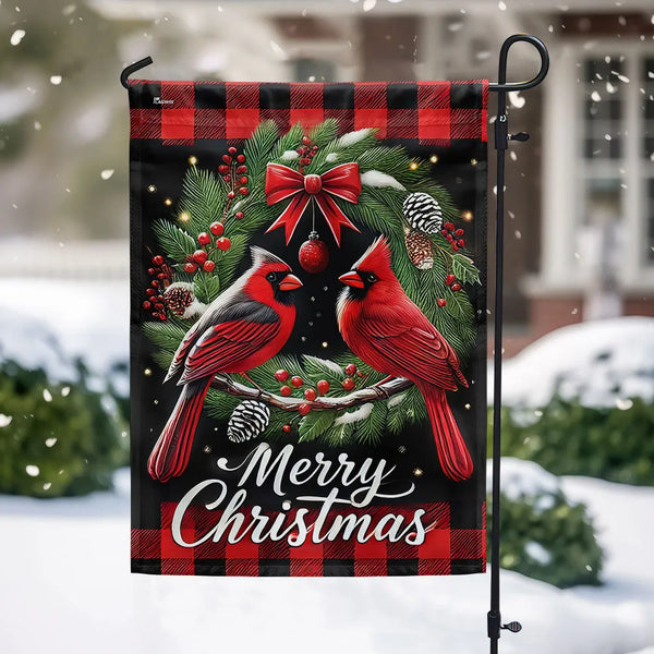 Red Winter Bird Wreath Yard Flag, Merry Christmas Cardinal Garden Flag, Double-Sided Holiday Season Lawn Flag, Rustic Xmas De