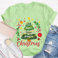 Joy Hope Love Peace Holiday Graphic Tee, Christmas Tree T-Shirt, Retro Xmas Tree Shirt, Festive Holiday Apparel Present