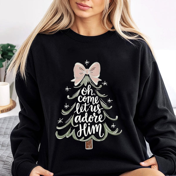 Christian Christmas Tree Sweatshirt, Oh Come Let Us Adore Him Sweatshirt, Aesthetic Faith Holiday Sweater, Religious Xmas Cre