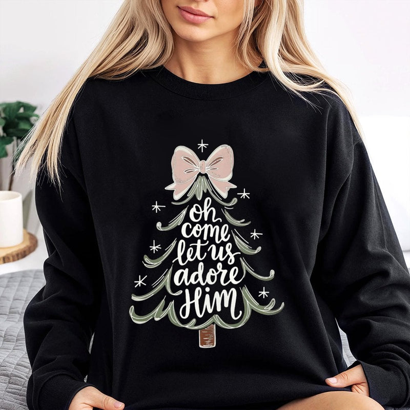 Christian Christmas Tree Sweatshirt, Oh Come Let Us Adore Him Sweatshirt, Aesthetic Faith Holiday Sweater, Religious Xmas Crewneck Present