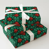 Folk Art Christmas Gift Wrap, Red Poinsettia Wrapping Paper, Vintage Floral Holiday Wrapping Paper, Botanical Xmas Gift Wrapping Paper