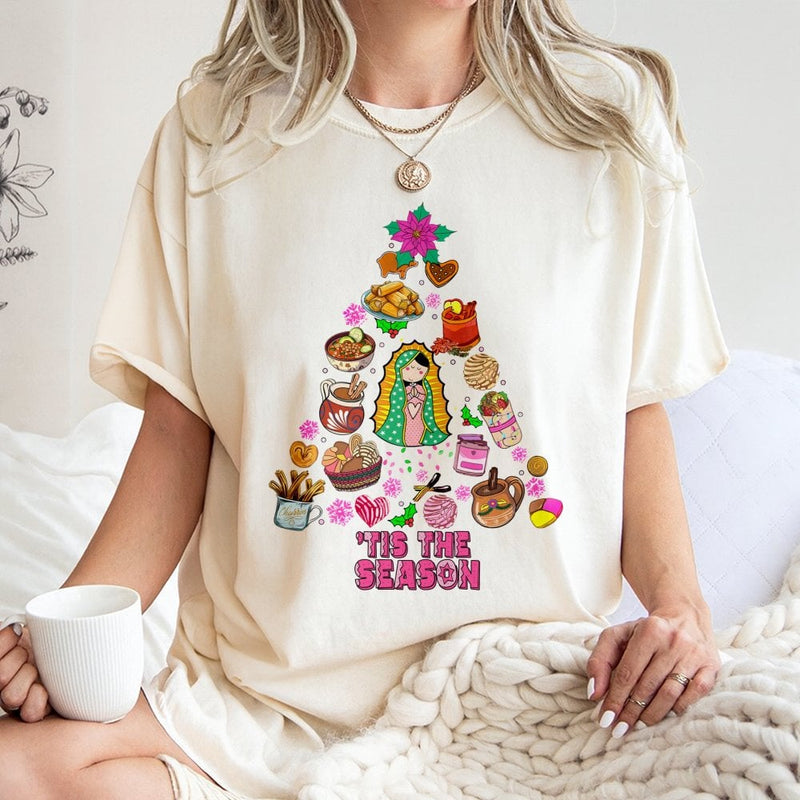 Mexican Food Tree Graphic Tee, Our Lady of Guadalupe Christmas T-Shirt, Hispanic Holiday Shirt, Virgin Mary Festive T-Shirt, Latina Present