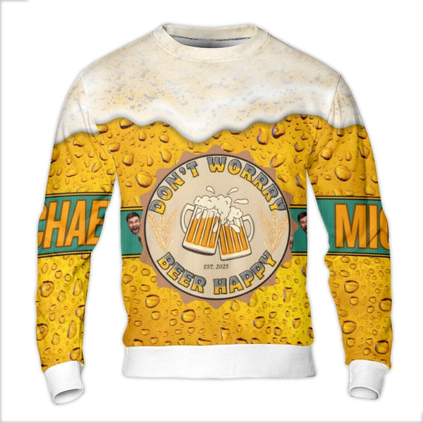 Personalized Beer Happy Sweater, Custom Face Beer Ugly Christmas Sweater, Humorous Drinking Holiday Sweatshirt, Beer Lover Xm