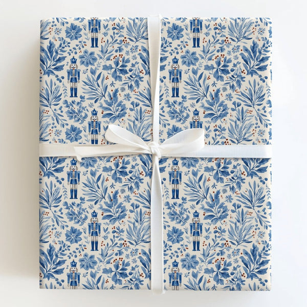 Watercolor Toile Christmas Gift Wrap, Blue Nutcracker Wrapping Paper, Nutcracker Soldier Wrapping Paper, Floral Holiday Gift 