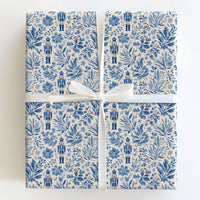 Watercolor Toile Christmas Gift Wrap, Blue Nutcracker Wrapping Paper, Nutcracker Soldier Wrapping Paper, Floral Holiday Gift Wrap Paper