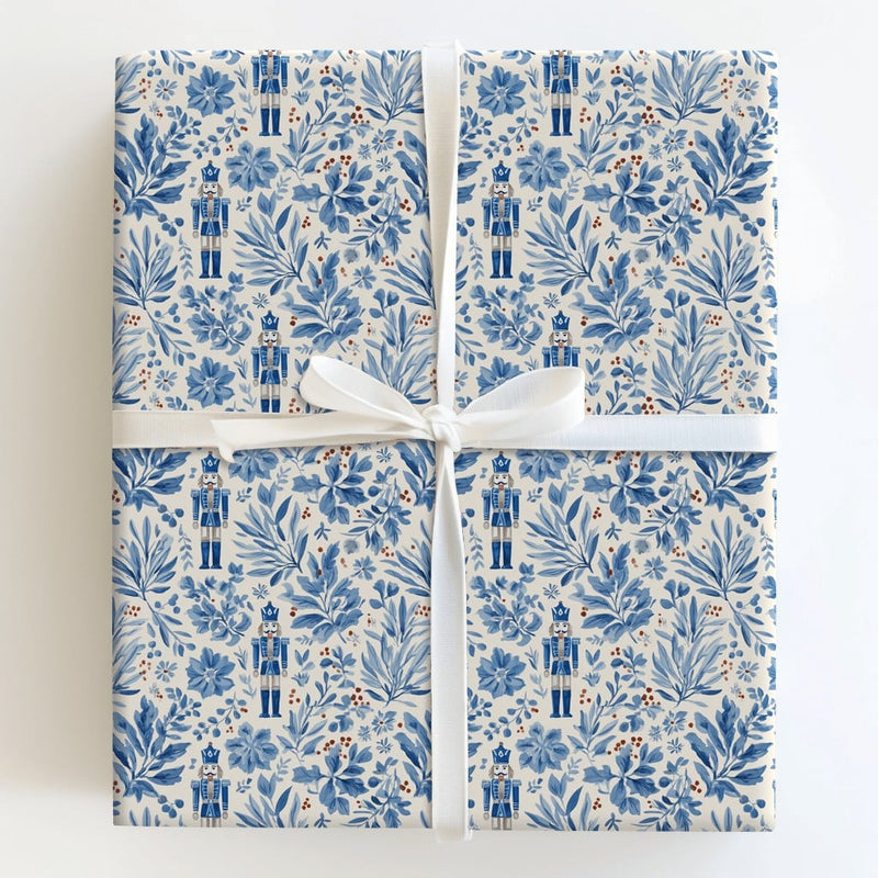 Watercolor Toile Christmas Gift Wrap, Blue Nutcracker Wrapping Paper, Nutcracker Soldier Wrapping Paper, Floral Holiday Gift Wrap Paper