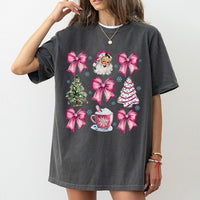 Aesthetic Bow Coquette Xmas Shirt, Pink Santa Christmas T-Shirt, Adorable Girly Holiday Graphic Tee, Retro Pastel Santa Top, Winter Present