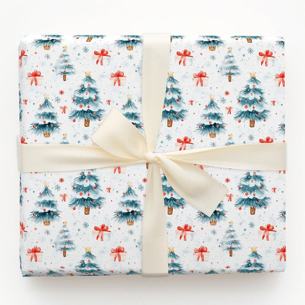 Snowy Pine Tree Gift Wrap, Watercolor Christmas Trees Wrapping Paper, Watercolor Pine Tree Wrapping Paper, Holiday Present Gi