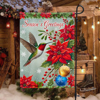 Season's Greetings Poinsettia Yard Flag, Hummingbird Christmas Garden Flag, Double-Sided Floral Lawn Banner, Holiday Outdoor Flag