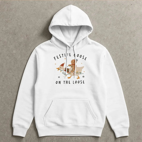 Humorous Christmas Goose Hooded Sweatshirt, Festive Goose on the Loose Hoodie, Retro Holiday Gingerbread Man Hoodie, Adorable