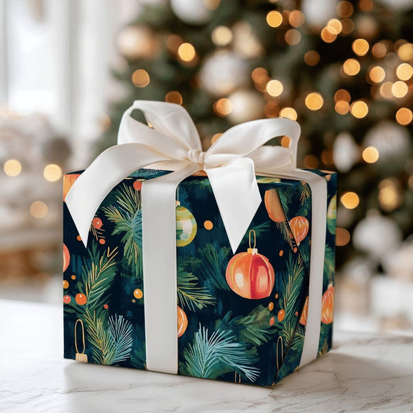 Pine Branch Holiday Gift Wrap, Watercolor Ornament Christmas Wrapping Paper, Dark Green Xmas Wrapping Paper, Festive Winter G