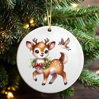 Adorable Fawn with Wreath Ornament, Baby Deer Christmas Ornament, Woodland Bird Ceramic Ornament, Rustic Holiday Tree Decor, Nature Lover Present