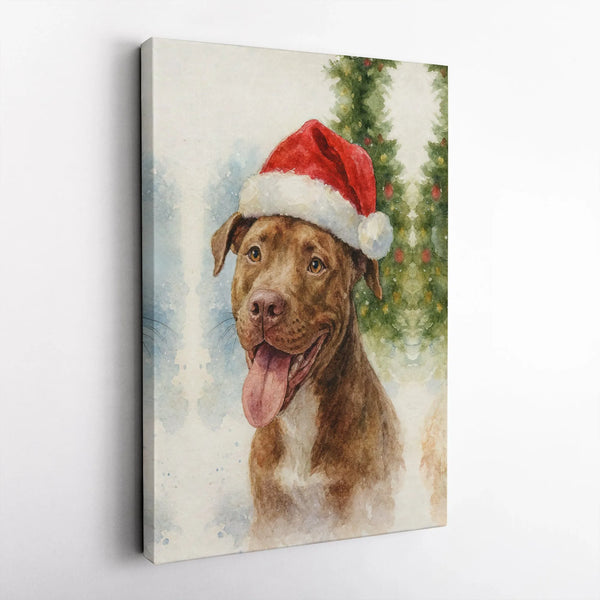 Festive Dog Holiday Wall Decor, Watercolor Pit Bull in Santa Hat Christmas Canvas Art, Adorable Winter Pup Decor, Christmas P