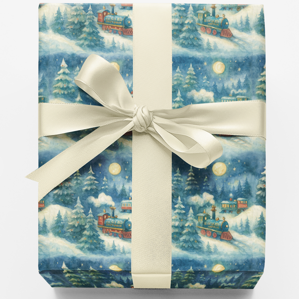 Winter Night Gift Wrap Roll, Christmas Train Wrapping Paper, North Star Holiday Wrapping Paper, Festive Christmas Train Gift 