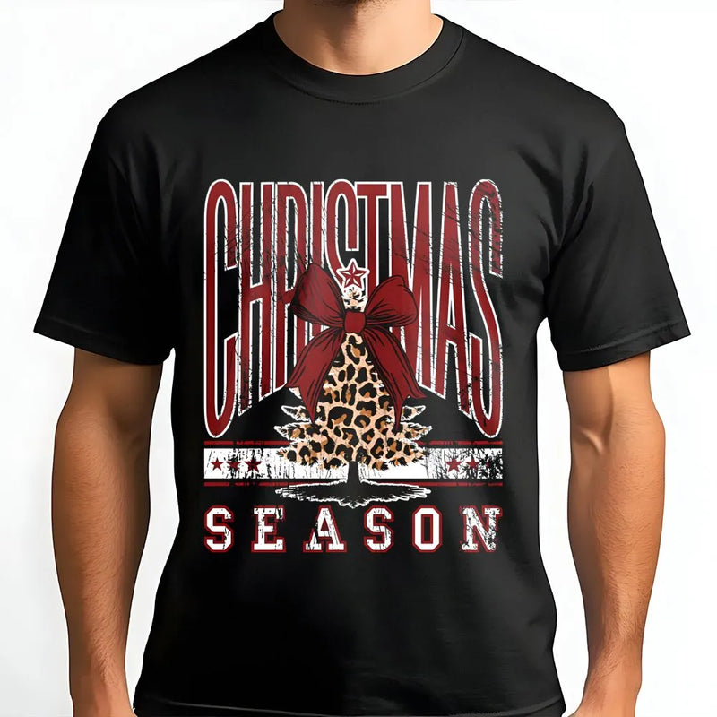 Holiday Bow Graphic Tee, Leopard Print Christmas Tree T-Shirt, Adorable Christmas Season Shirt, Festive Winter Tee, Holiday Present for Women