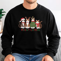 Humorous Christmas Cat Graphic Crewneck, Meowy Catmas Sweatshirt, Adorable Holiday Kitten Pullover, Festive Xmas Cat Lover Ugly Sweater Present