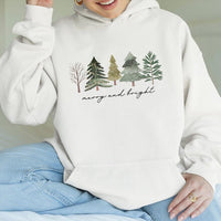 Watercolor Xmas Tree Hoodie, Merry and Bright Christmas Tree Hoodie, Minimalist Holiday Hoodie, Comfy Winter Graphic Hooded Sweatshirt