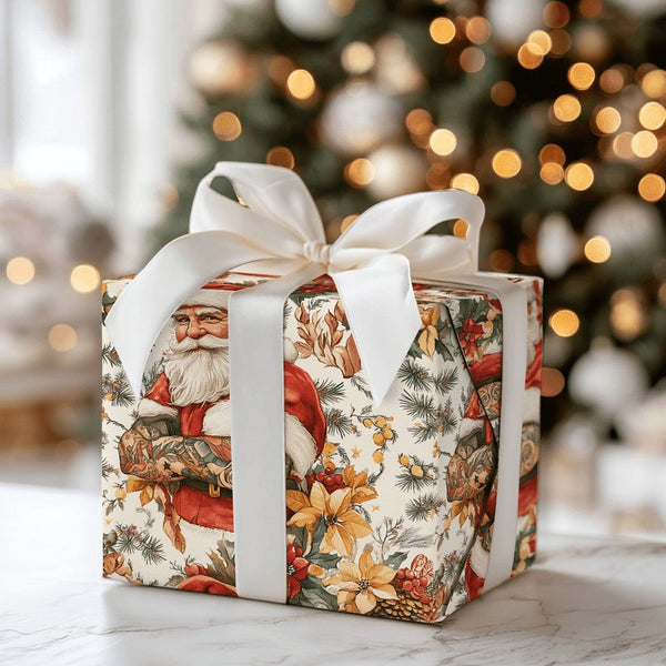 Vintage Floral Santa Gift Wrap, Tattooed Santa Wrapping Paper, Floral Christmas Wrapping Paper, Edgy Holiday Gift Wrap, Retro
