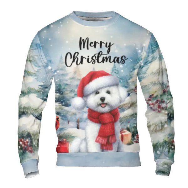 Adorable Dog Santa Hat Sweater, Bichon Frise Christmas Sweatshirt, Puppy Winter Graphic Crewneck, Pet Lover Holiday Pullover,