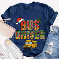 Santa Hat Bus Driver Graphic Tee, School Bus Driver Christmas T-Shirt, Humorous Holiday Driver Shirt, Transportation Staff Xmas Present