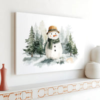 Snowy Pine Forest Winter Landscape, Watercolor Snowman Canvas Wall Art Print, Christmas Holiday Wall Decor, Digital Download
