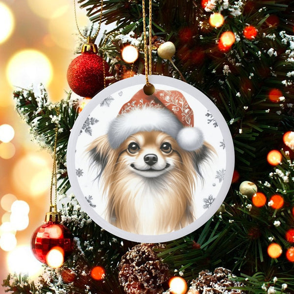 Santa Hat Puppy Ceramic Ornament, Long-Haired Chihuahua Christmas Ornament, Adorable Dog Breed Holiday Tree Ornament, Xmas Pr