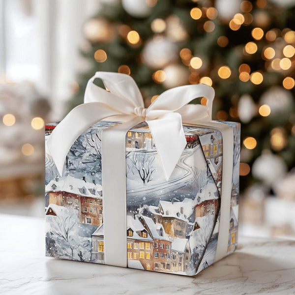 Watercolor Snowy Alpine Gift Wrap, Winter Village Red Train Wrapping Paper, Nostalgic Holiday Wrapping Paper, Christmas Gift 