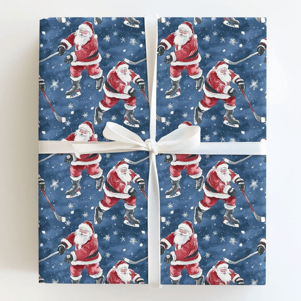 Ice Hockey Christmas Gift Wrap, Hockey Santa Wrapping Paper, Dark Blue Sports Holiday Gift Wrap, Winter Hockey Player Gift Wr