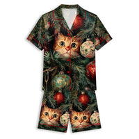 Holiday Kitten Short Sleeve Button Up PJ Top and Shorts, Christmas Cat Satin Pajama Set, Festive Silky Sleepwear, Cat Lover Xmas Present