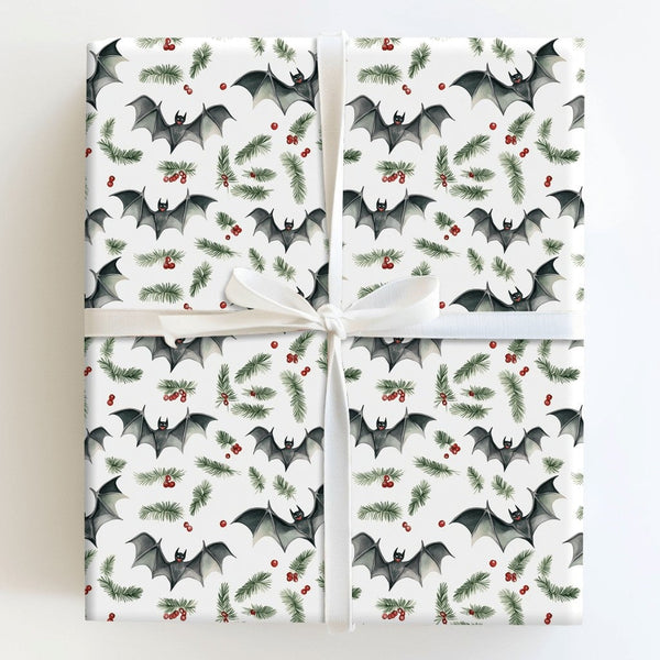 Spooky Bat and Holly Gift Wrap, Gothic Christmas Wrapping Paper, Alternative Holiday Gift Wrapping Paper, Creepy Adorable Xma