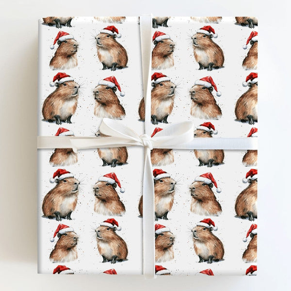Adorable Santa Hat Capybara Gift Wrap, Christmas Capybara Wrapping Paper, Watercolor Animal Holiday Wrapping Paper, Xmas Pres