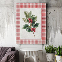 Red Plaid Border Festive Wall Art, Watercolor Christmas Holly Canvas Art, Holiday Botanical Canvas Print, Winter Seasonal Home Decor