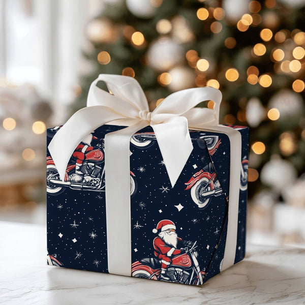 Motorcycle Santa Claus Gift Wrap, Biker Santa Wrapping Paper, Chopper Santa Holiday Paper, Biker Christmas Wrapping Paper, Bi